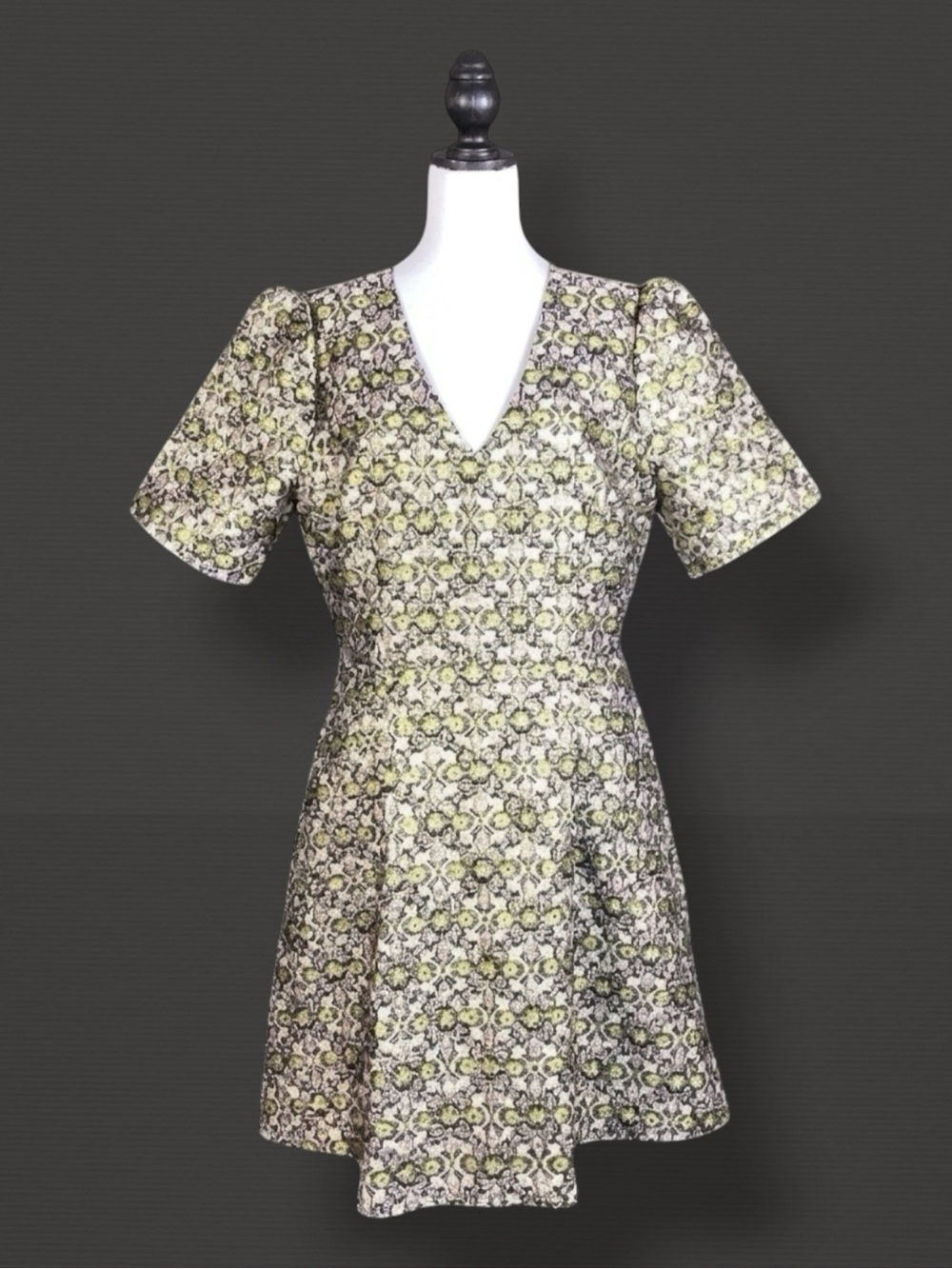 ModCloth Dress Black Gold Metallic Jacquard Puff Sleeve Fit & Flare Glam 16 NWT